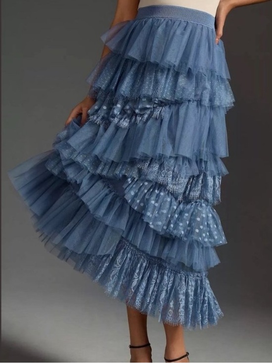 Anthropologie Dresses & Skirts - Anthropologie Ruffled Tulle Midi Skirt Blue Polka Dot Lace Layered Small